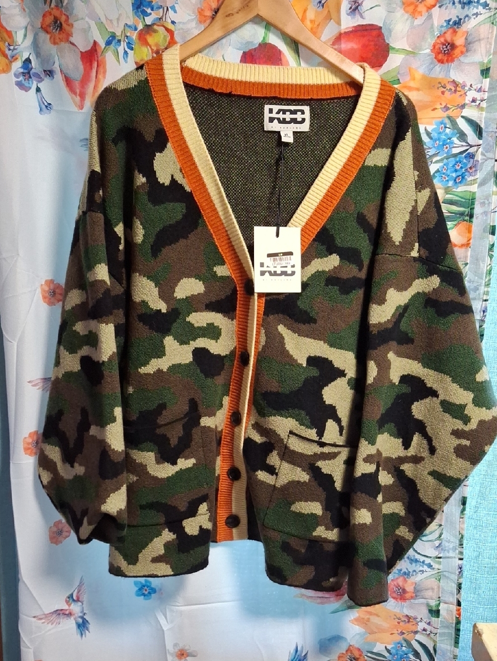 KBB Camouflage Knit Cardigan Sweater with Orange Trim  Size Xl